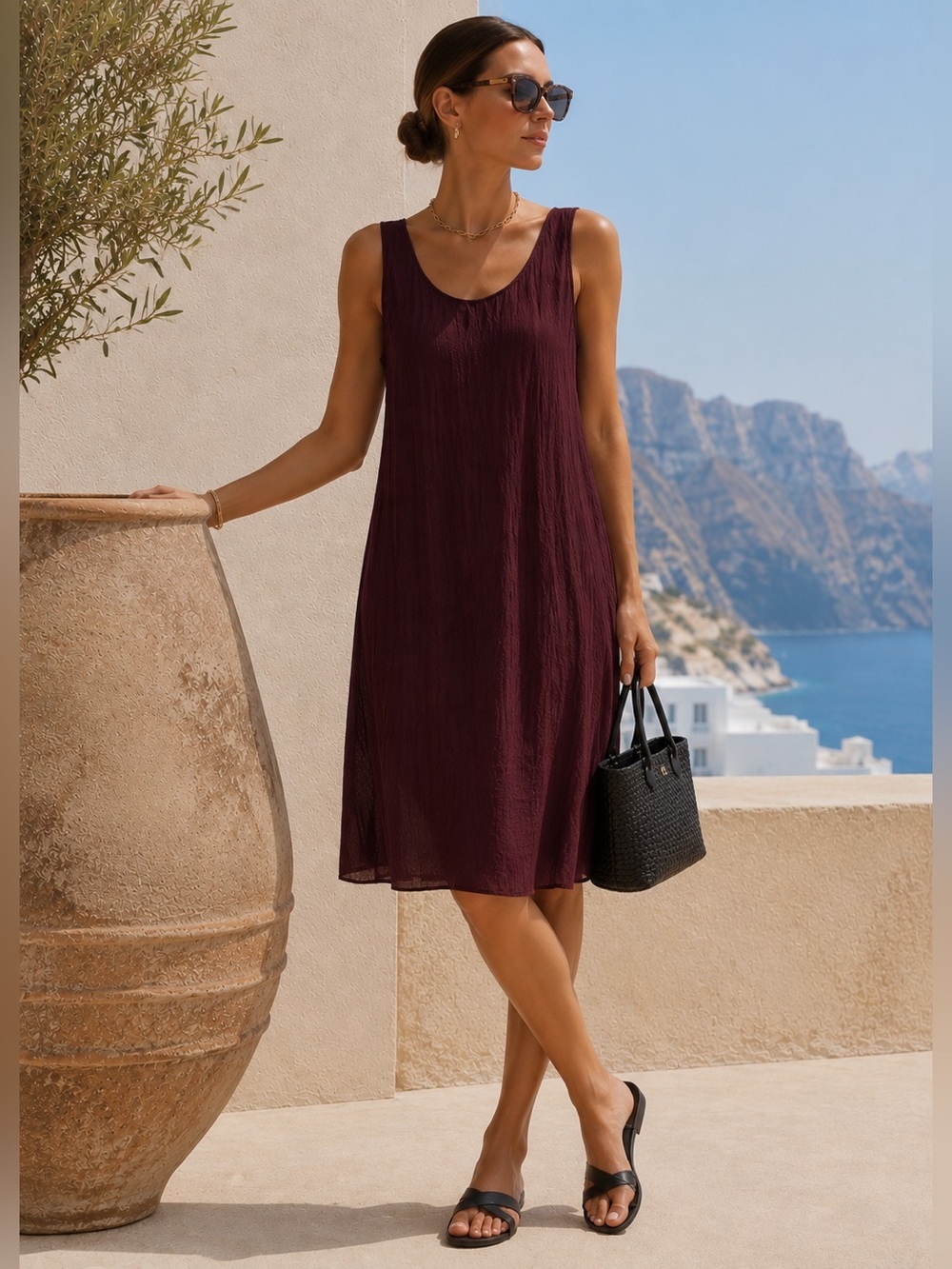 Eileen Fisher | Claret Burgundy Chevron Print Scoop Neck Slip Dress - Size XL